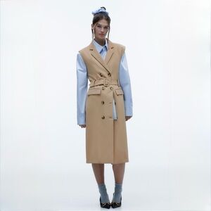 Zara Tan Midi Dress with Blue Accents